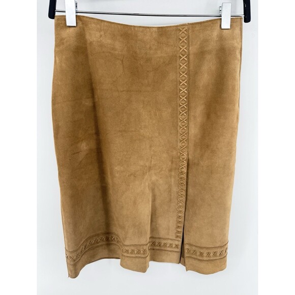 Elie Tahari Suede Leather Zip Back Pencil Skirt Tan Brown Size 2 Front Slit - Picture 1 of 4